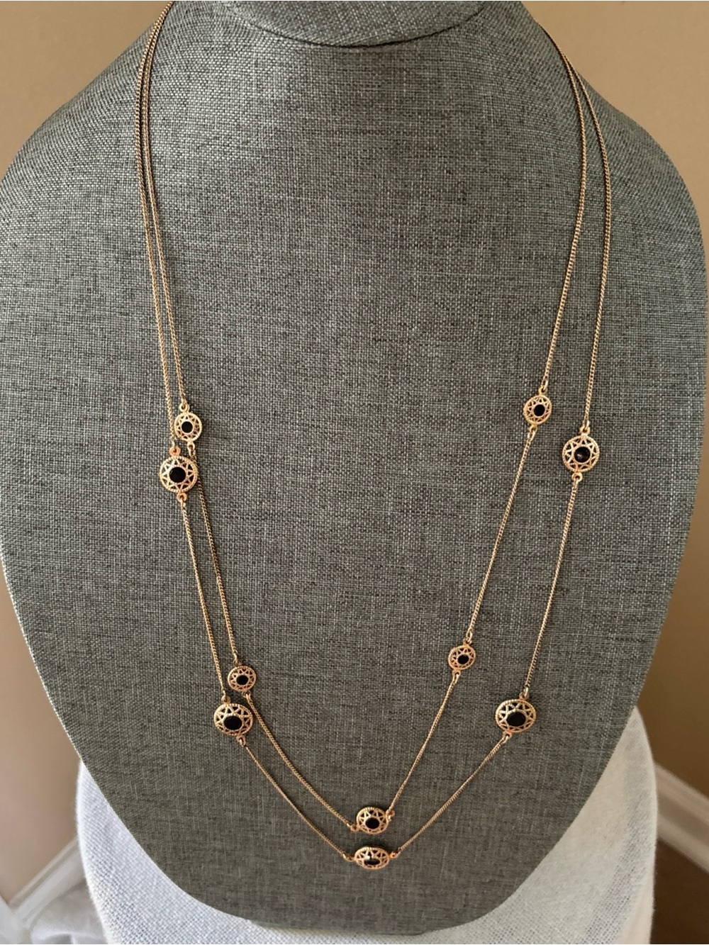 Delicate gold tone double strand Onyx long necklace, and earrings set